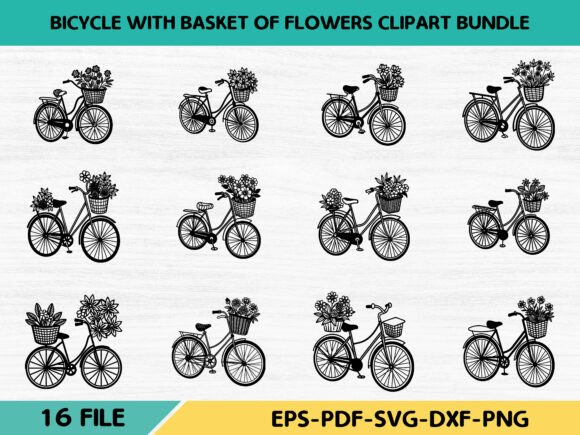 Bicycle with Basket of Flowers Clipart B: Graphics & Illustrations