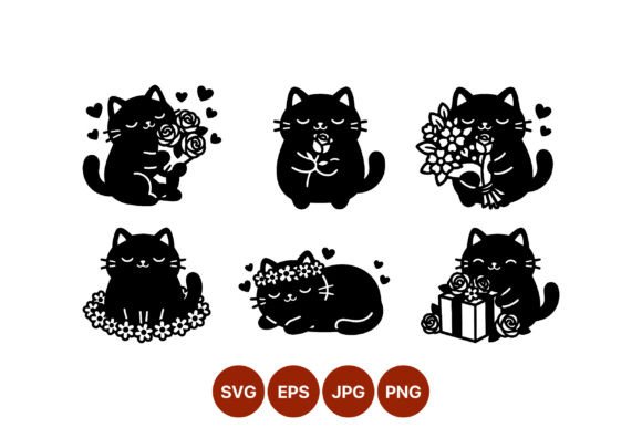 Black Cats Holding Flowers Silhouette Graphics & Illustrations