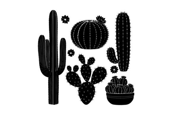 Black Silhouette Cacti and Flowers on Wh: Graphics and Illustrations for Creative Projects