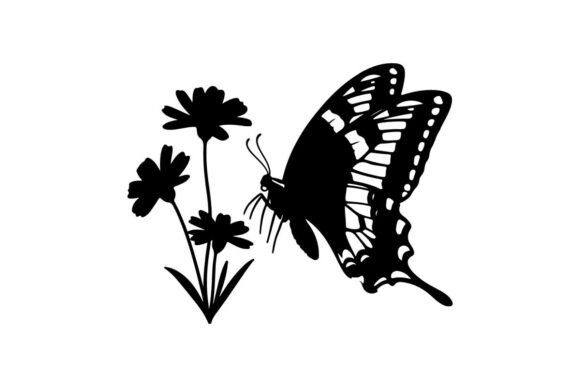 Butterfly Silhouette with Flowers: Graphics & Illustrations