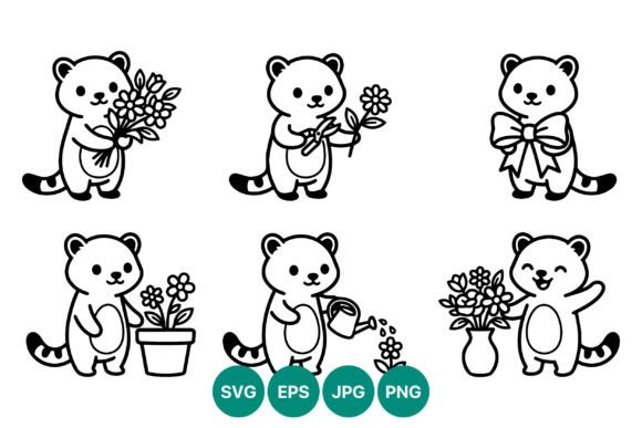 Cute Animal with Flowers Bow Vector: Graphics & Illustrations
