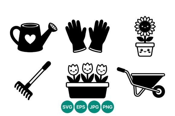 Cute Gardening Tools and Flowers Vector Graphics