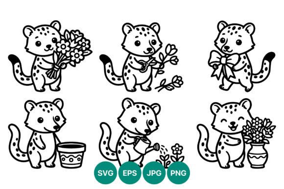 Cute Kitten Holding Flowers Line Art Graphics