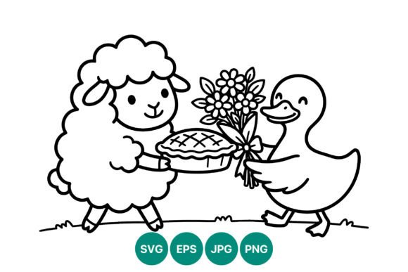 Cute Sheep and Duck with Pie and Flowers