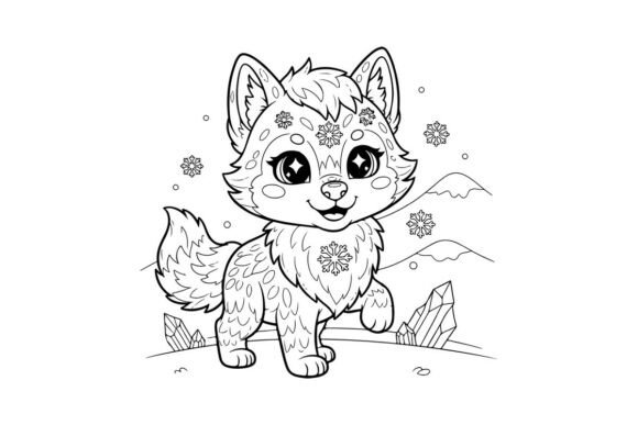 Cute White Wolf Puppy with Flowers Graphics