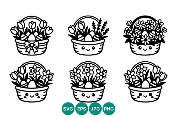 Easter Basket Line Art with Flowers and