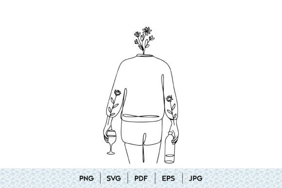Minimalist Figure with Flowers and Wine: Graphics & Illustrations