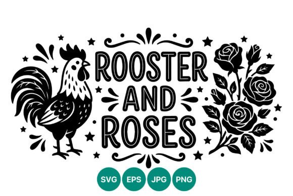 Rooster and Roses Vector Art Black White