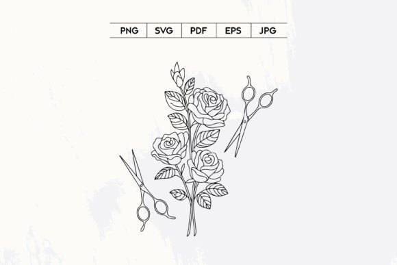 Rose Flowers with Scissors Line Art Graphics & Illustrations