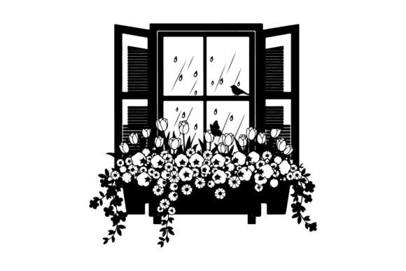 Silhouette of a Window with Flowers: Graphics & Illustrations