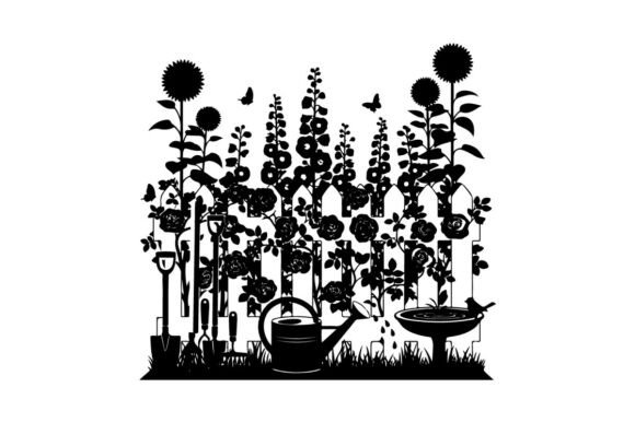 Silhouette of Flowers and Gardening Tool: Graphics & Illustrations