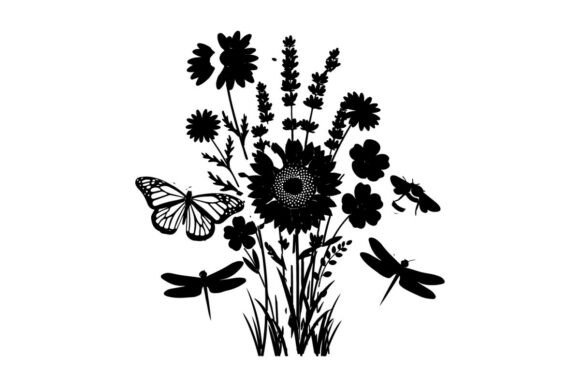 Silhouette of Flowers and Insects in a G: Graphics & Illustrations