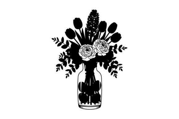 Silhouette of Flowers in a Vase on a Whi