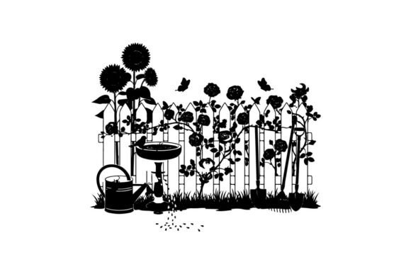 Silhouette of Garden Scene with Flowers Graphics