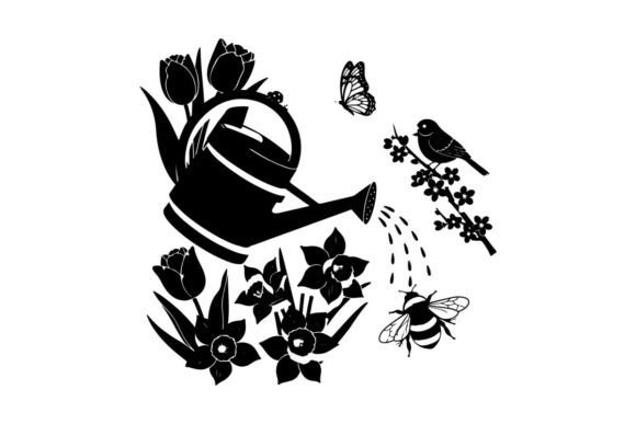 Silhouette of Watering Can and Flowers W Graphics