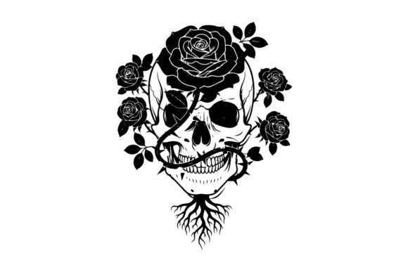 Silhouette Skull with Roses and Roots Si Graphics