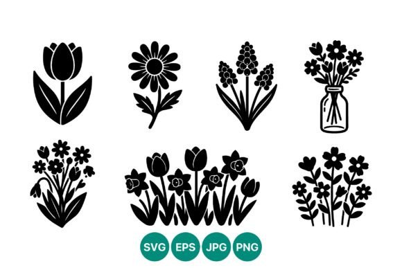 Spring Flowers Black Silhouette: Graphics & Illustrations