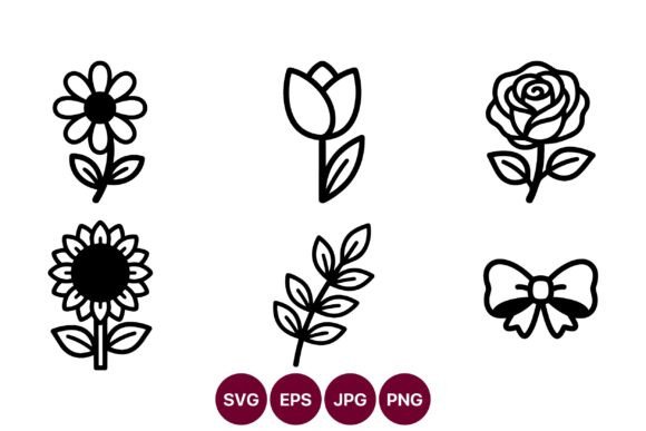 Vector Line Art Flowers & Bows: Graphics and Illustrations