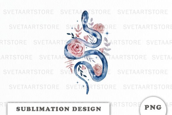 Watercolor Snake with Flowers Png: Graphics and Illustrations for Digital Selling