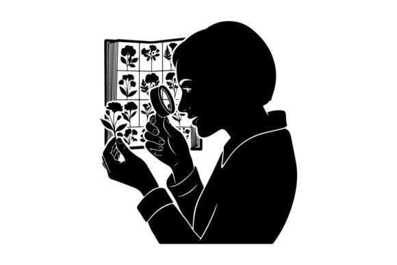 Woman Examining Flowers with Magnifying Graphics & Illustrations