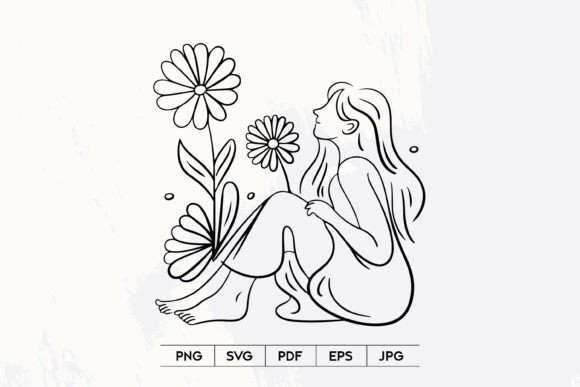 Woman with Flowers Line Art SVG: Graphics & Illustrations